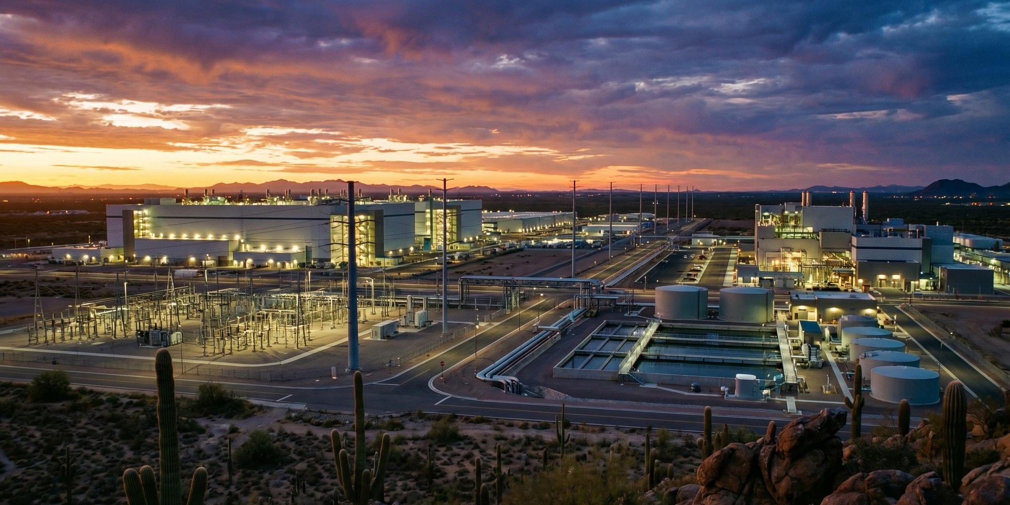Panoramic view of a large advanced semiconductor fabrication campus in the Arizona desert with cleanroom buildings and power infrastructure at dusk