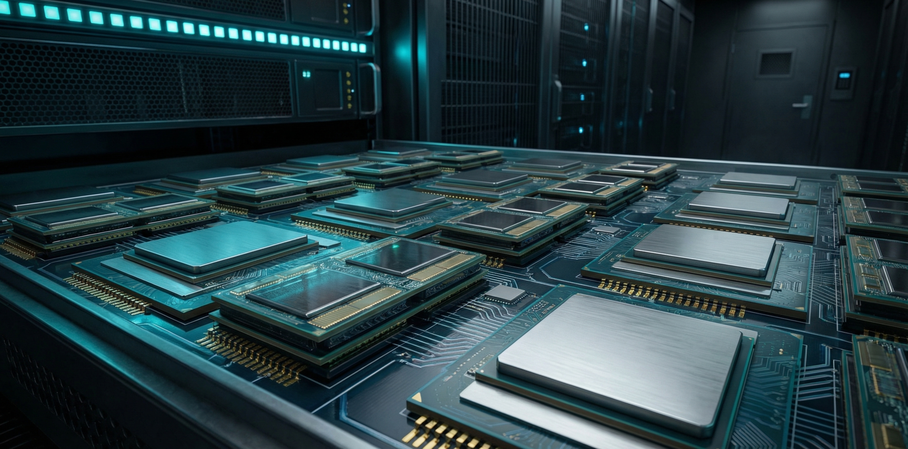 Rows of advanced AI GPU chips and semiconductor modules arranged in a secure vault-like setting, illuminated by cool blue security lighting reflecting off metallic chip surfaces