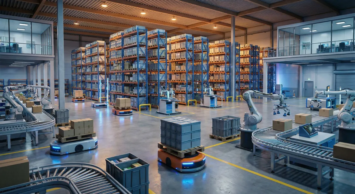 Automated warehouse with autonomous mobile robots and robotic arms