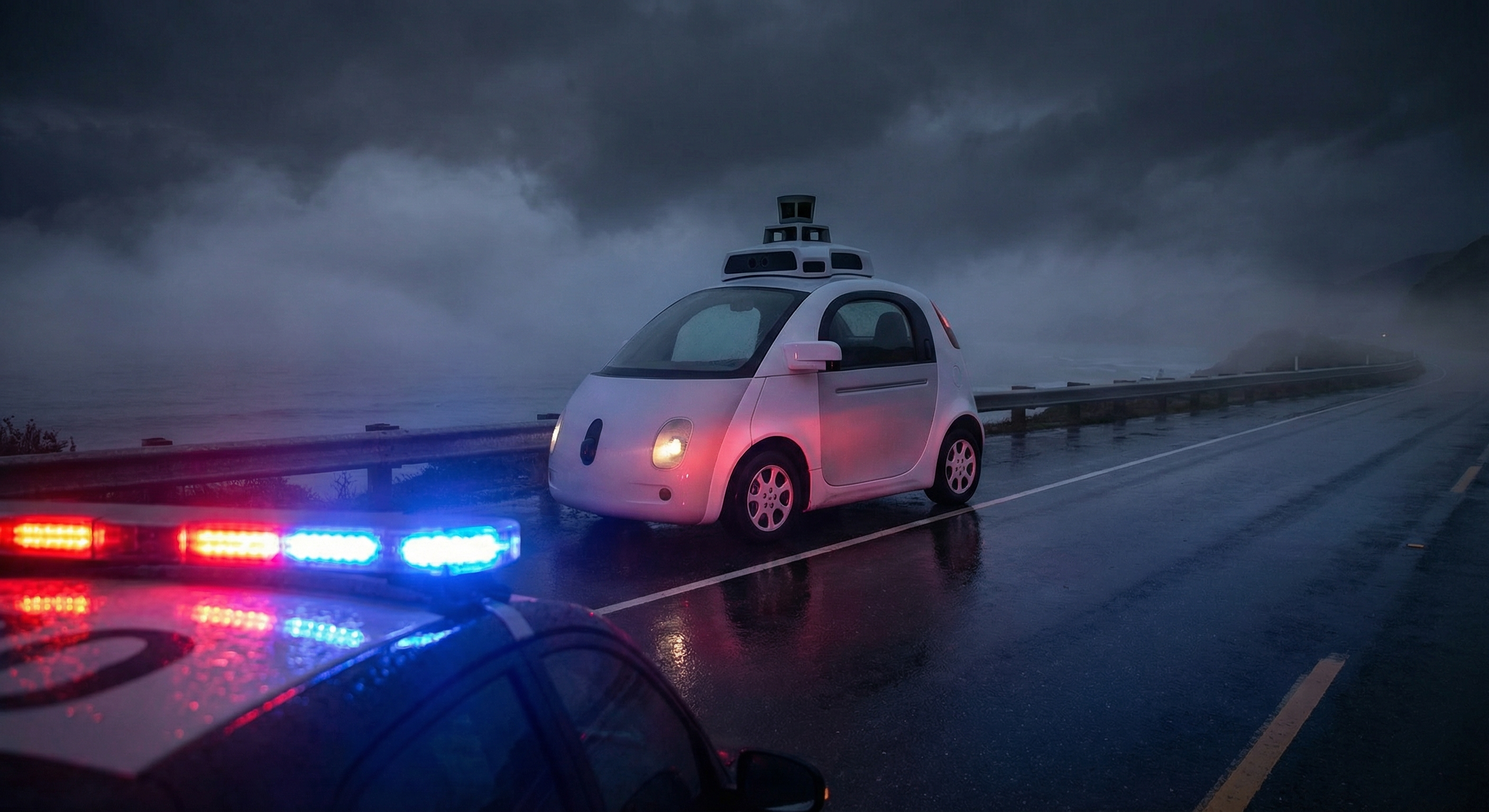 A white autonomous vehicle with roof-mounted sensor arrays stopped on a dark highway shoulder, surrounded by the glow of emergency vehicle lights reflecting off wet pavement