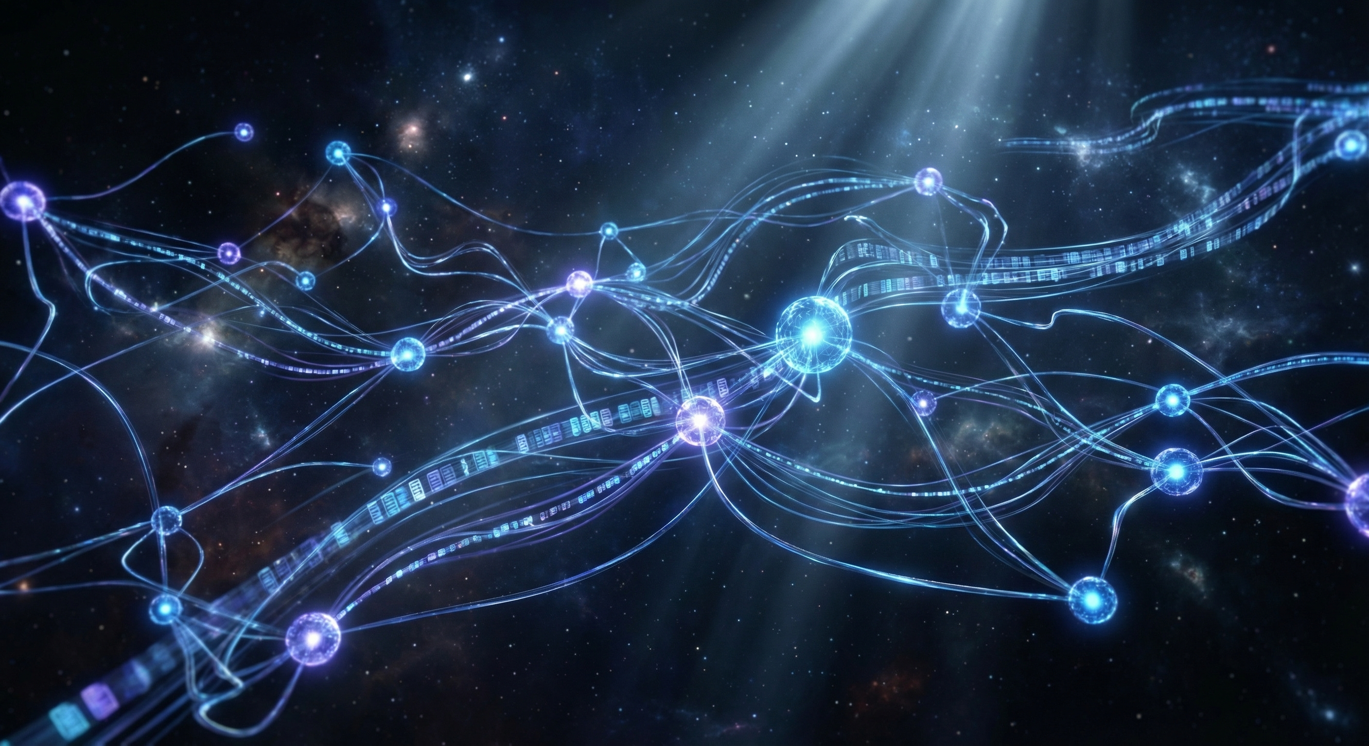 Abstract network of glowing blue and violet data nodes interconnected by luminous streams, representing autonomous AI publishing workflows across the web
