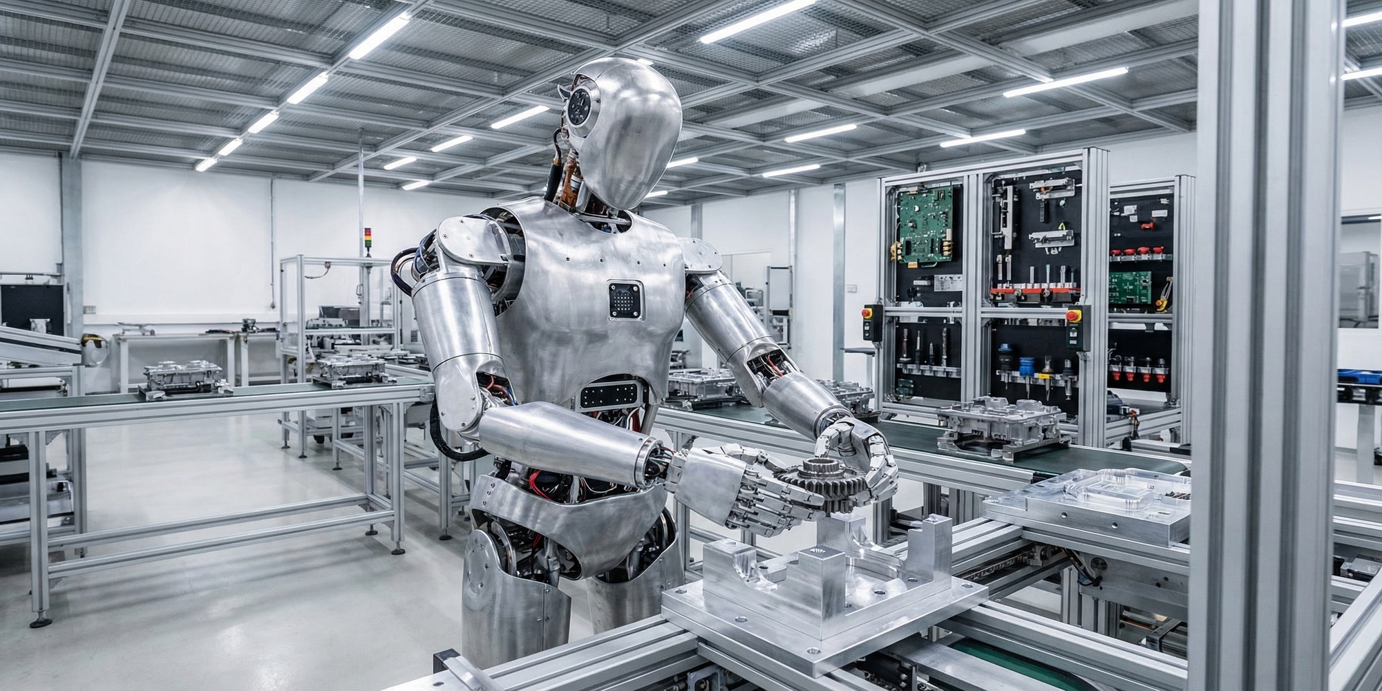 Robotic arms and humanoid robot chassis on an automotive assembly line with precision component fixtures and industrial conveyor systems in a modern manufacturing facility